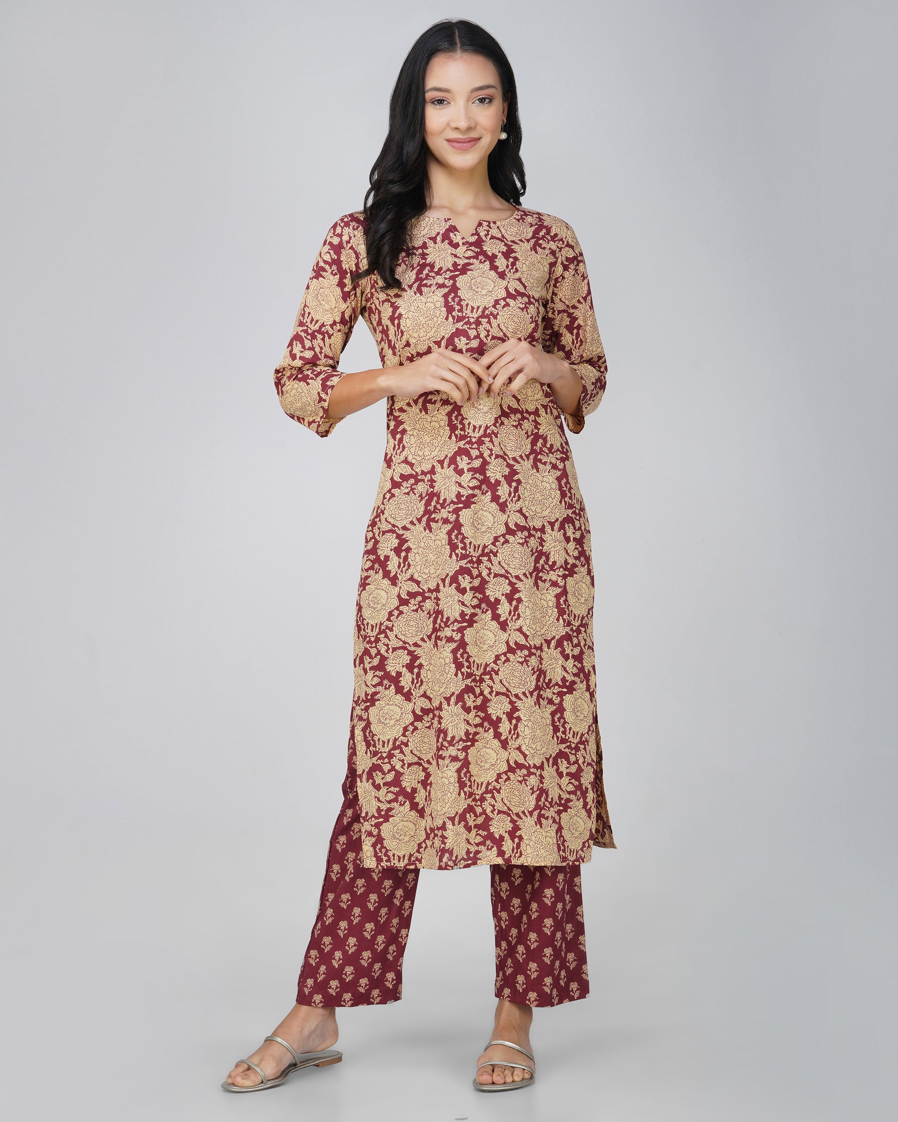 Maroon Printed Round V-Neck Cotton Kurta Set