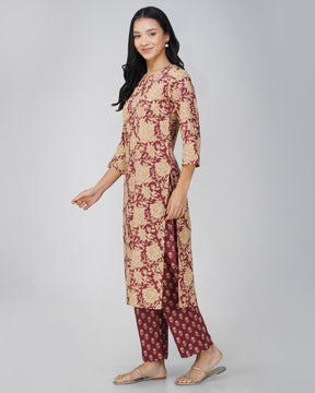 Maroon Printed Round V-Neck Cotton Kurta Set