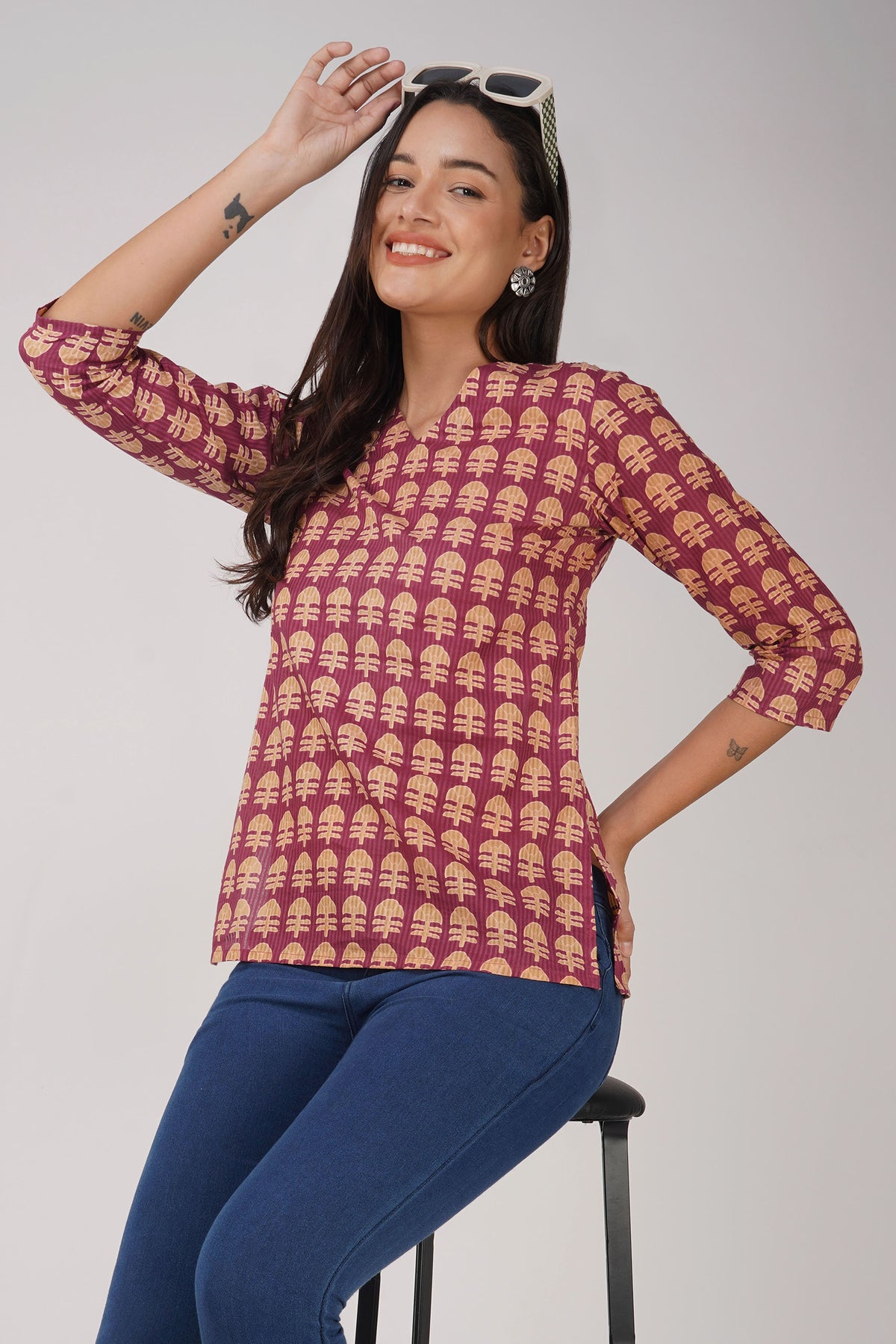 Maroon Printed V-Neck Cotton Top