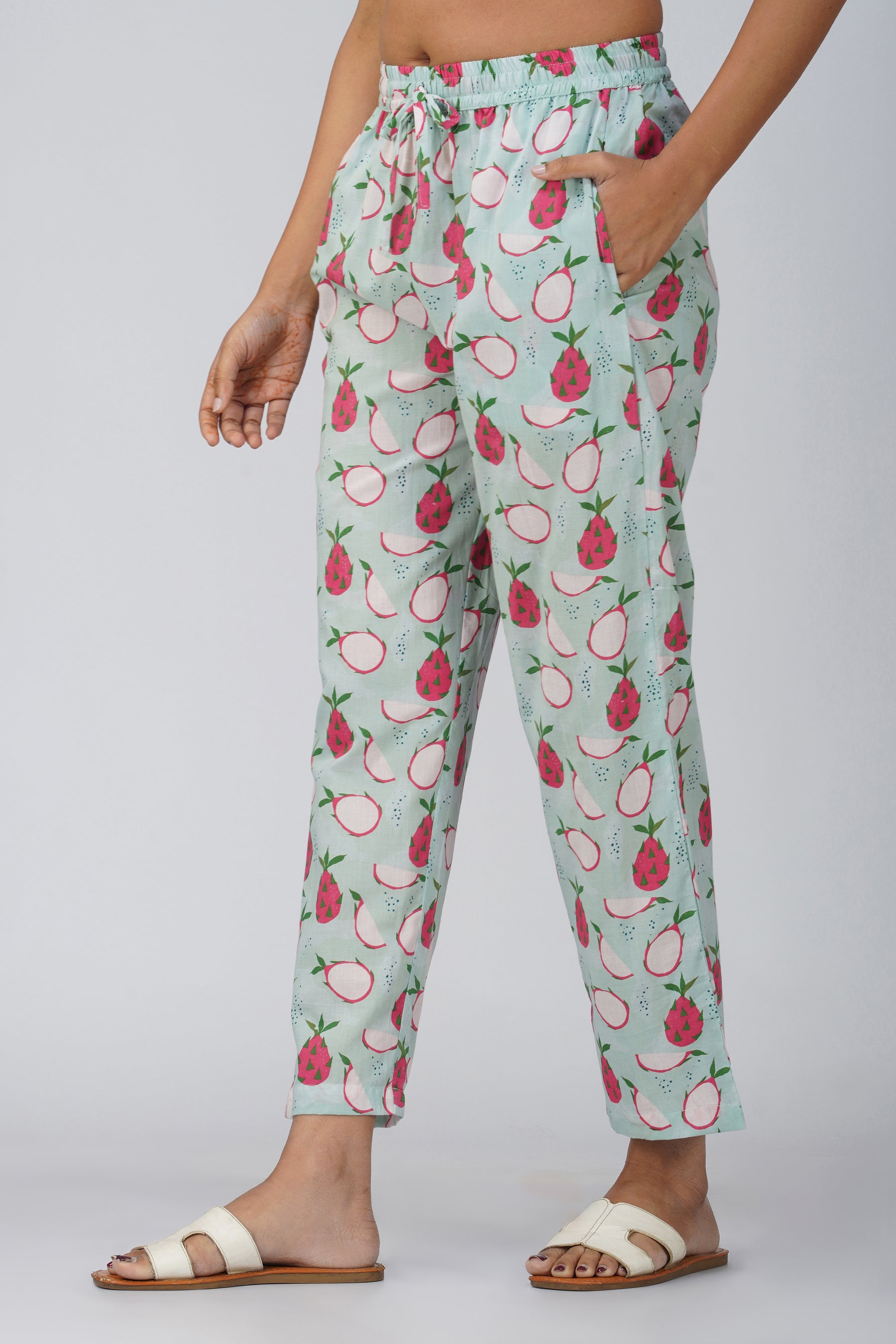 Sea Green Fruit Print Cotton Night Suit With Trouser