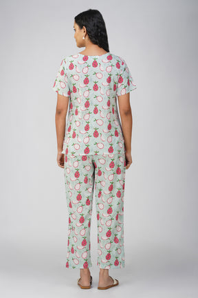 Sea Green Fruit Print Cotton Night Suit With Trouser