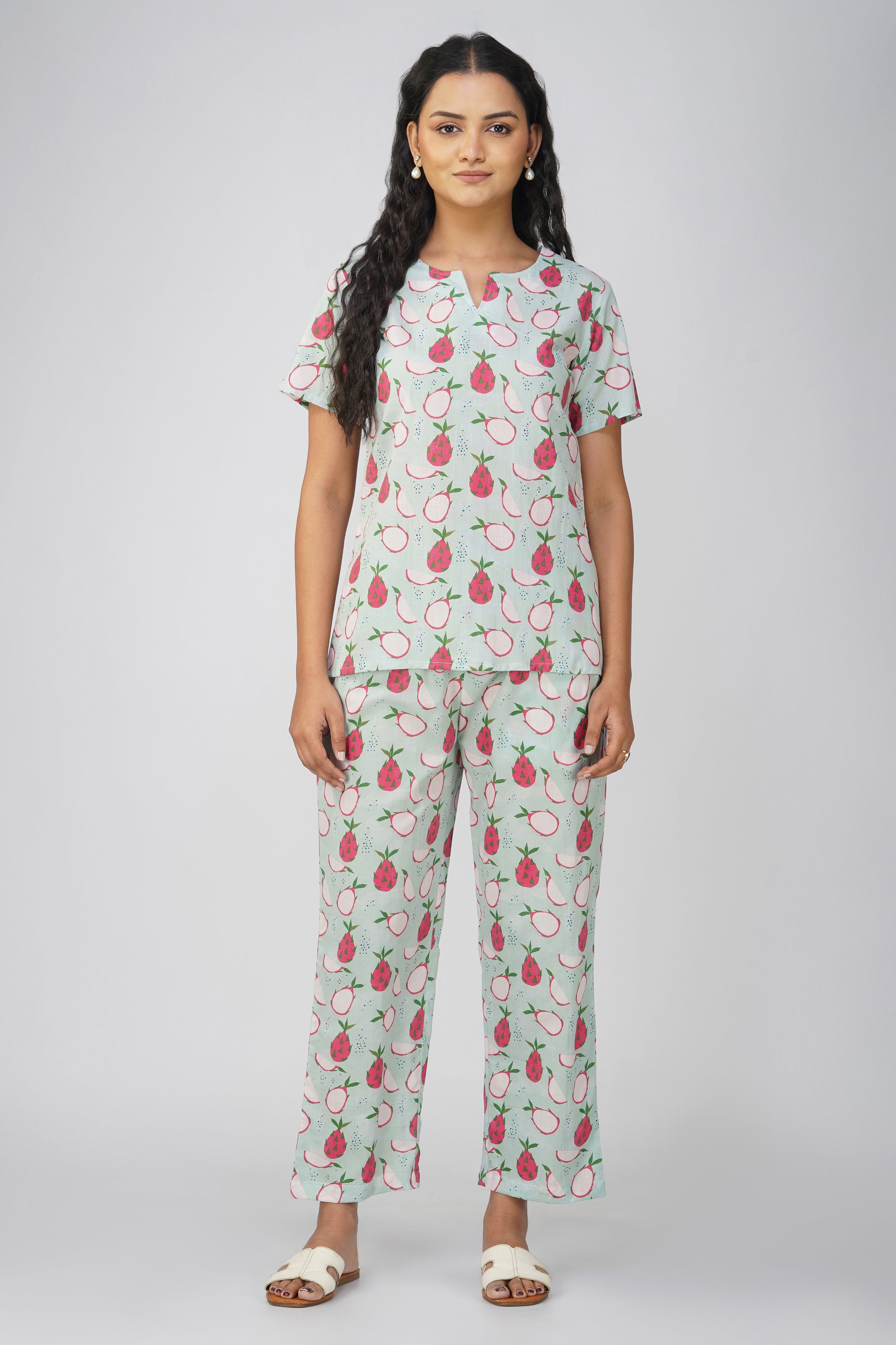 Sea Green Fruit Print Cotton Night Suit With Trouser