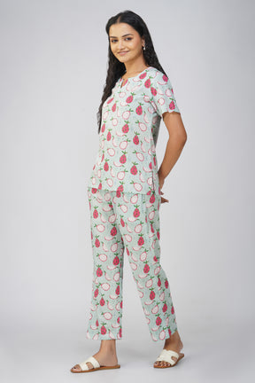 Sea Green Fruit Print Cotton Night Suit With Trouser