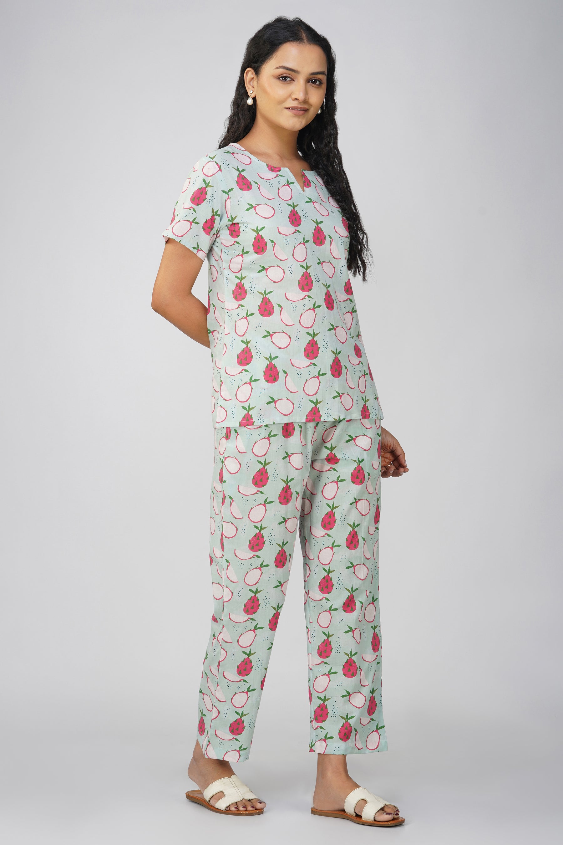 Sea Green Fruit Print Cotton Night Suit With Trouser