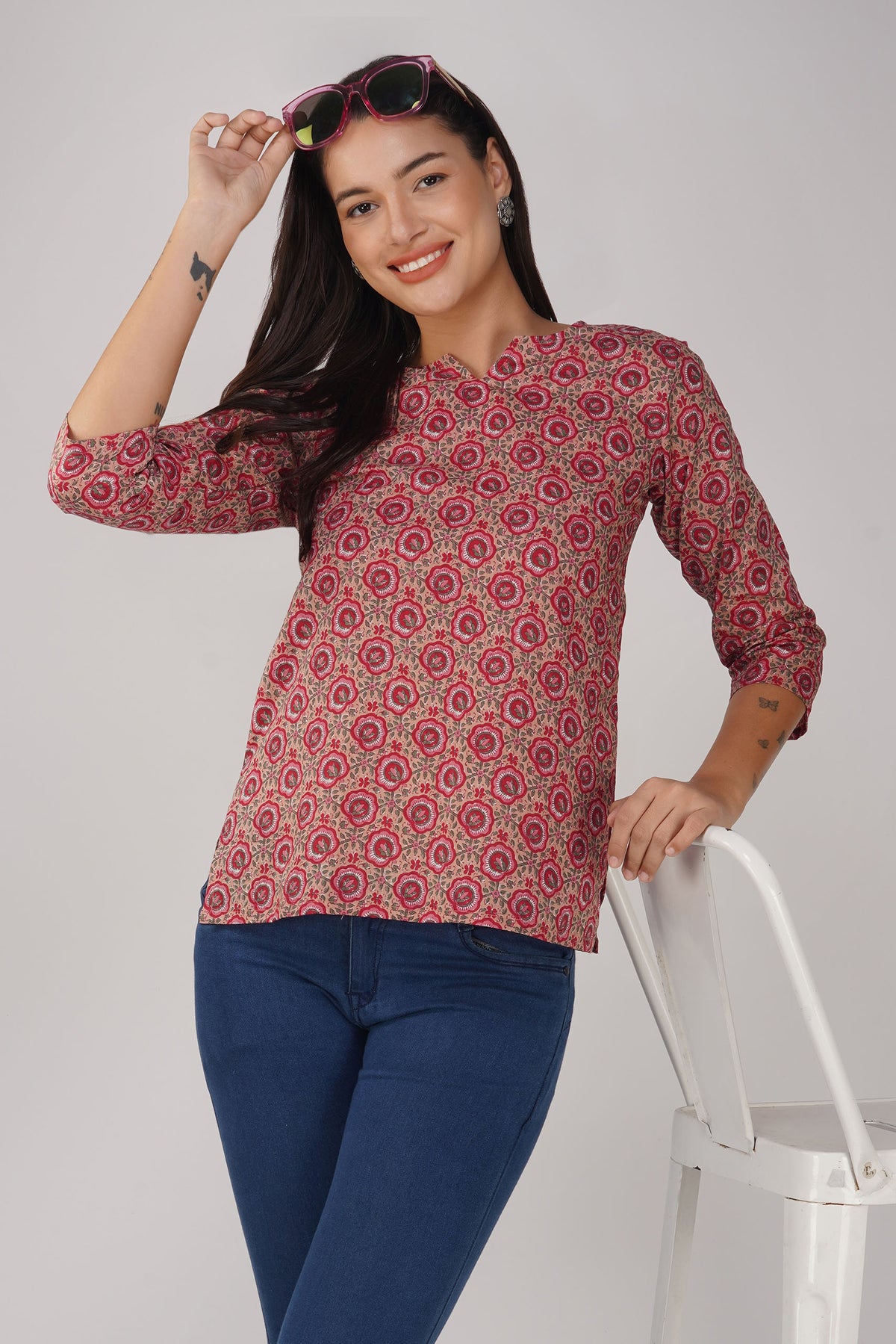 Peach Printed Round V-Neck Cotton Top