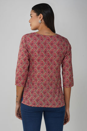 Peach Printed Round V-Neck Cotton Top