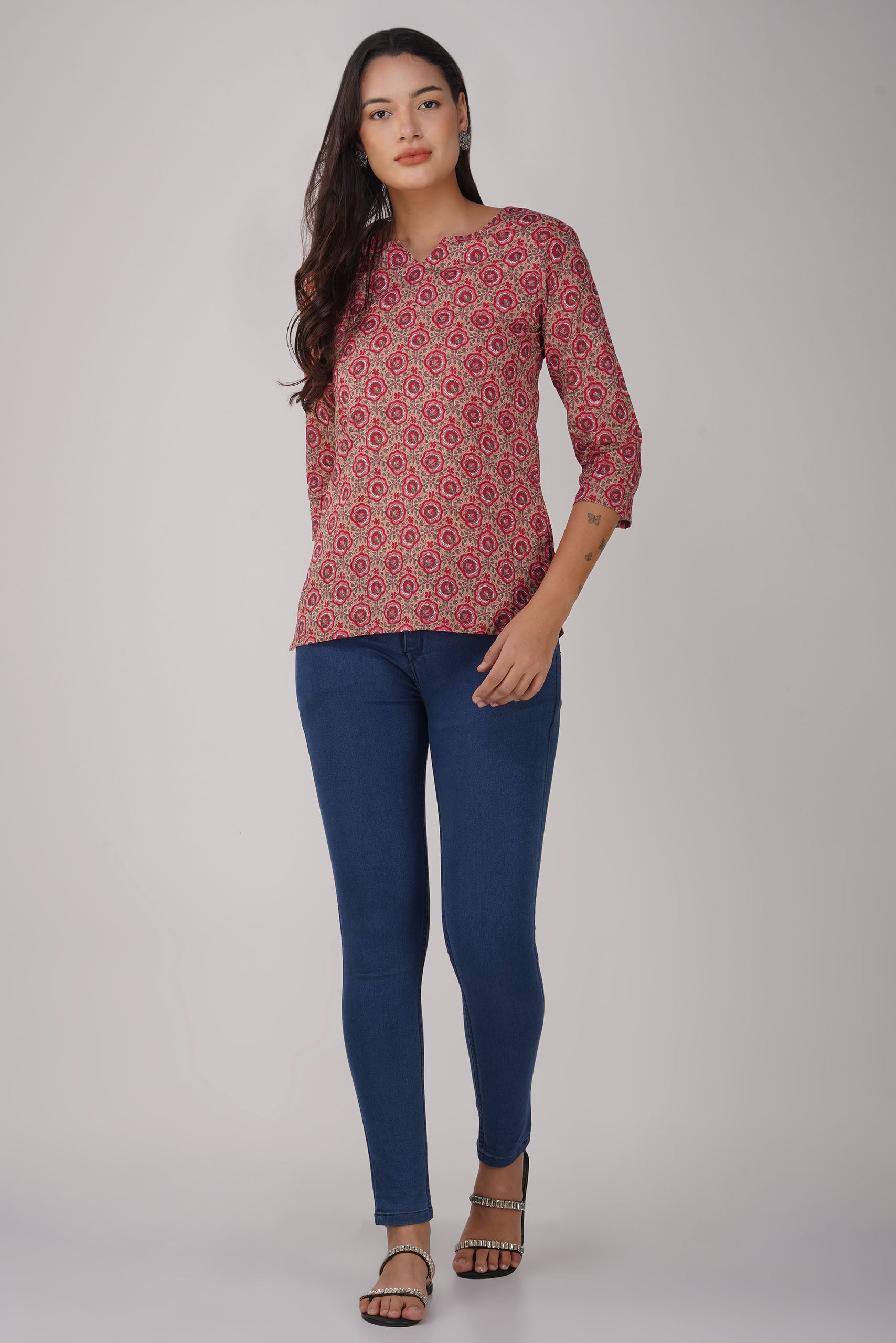 Peach Printed Round V-Neck Cotton Top