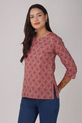 Peach Printed Round V-Neck Cotton Top