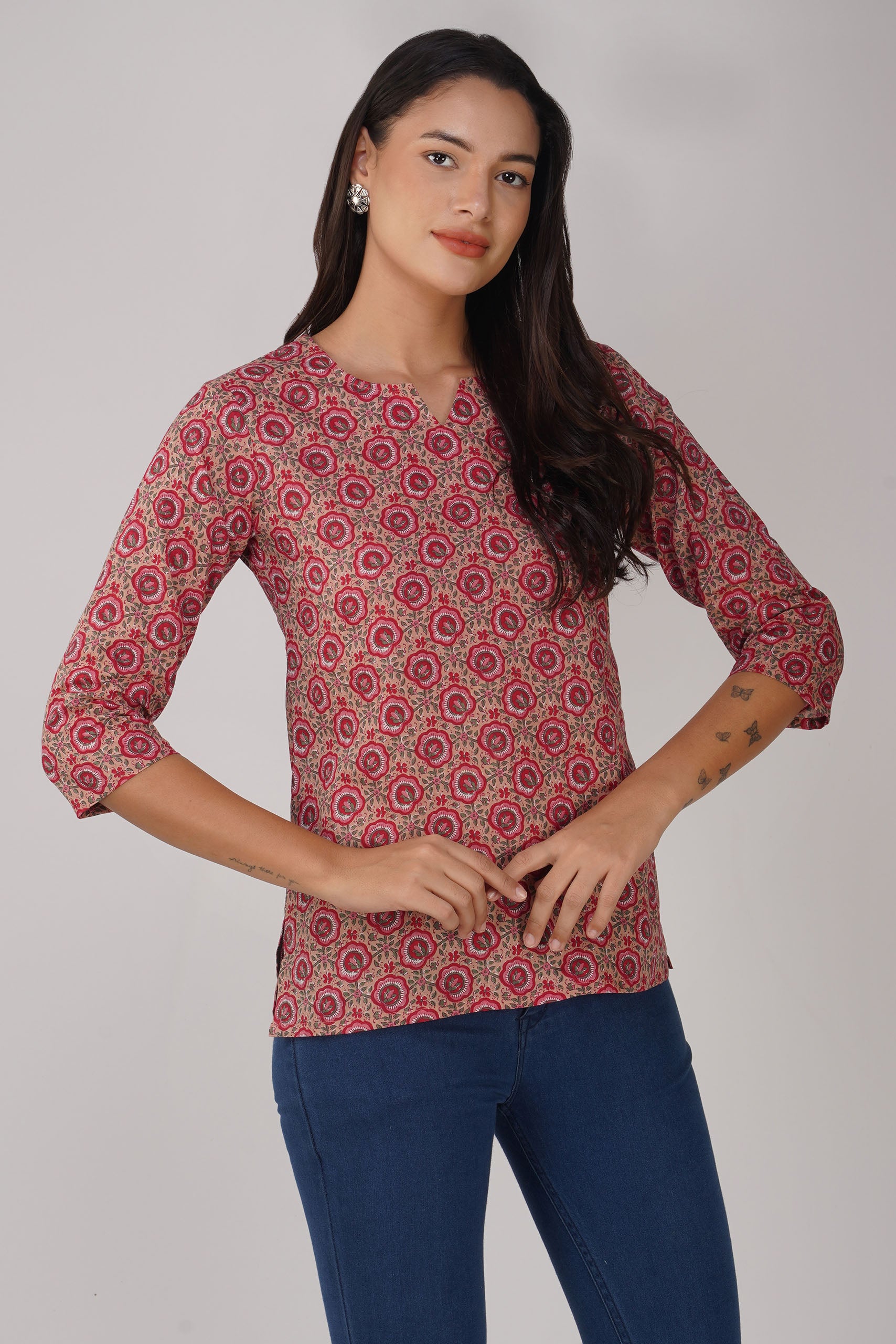 Peach Printed Round V-Neck Cotton Top