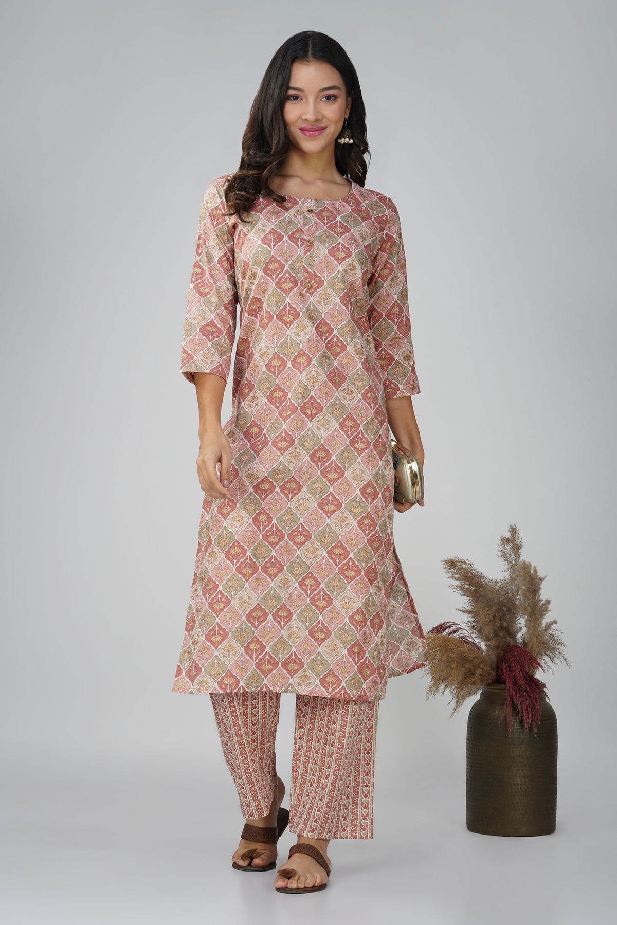 Peach Printed Round Neck Cotton Kurta Set