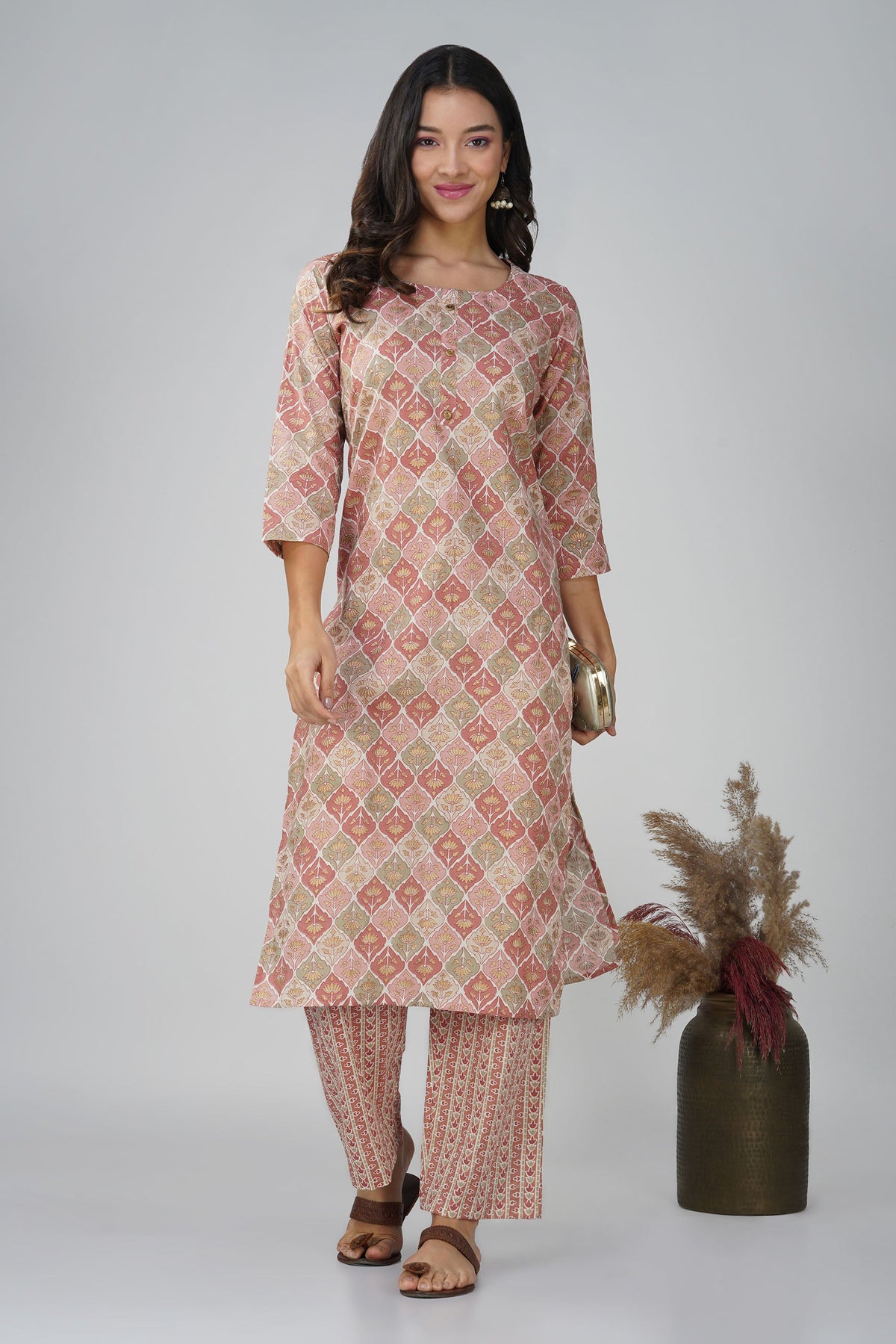 Peach Printed Round Neck Cotton Kurti