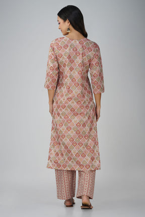 Peach Printed Round Neck Cotton Kurta Set