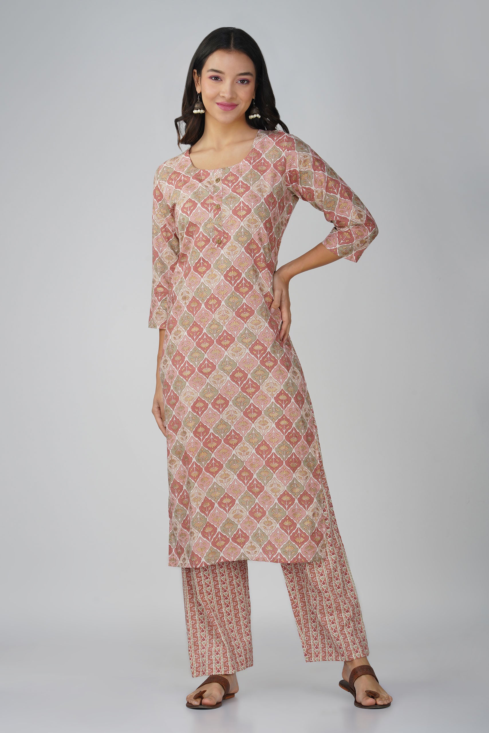 Peach Printed Round Neck Cotton Kurta Set