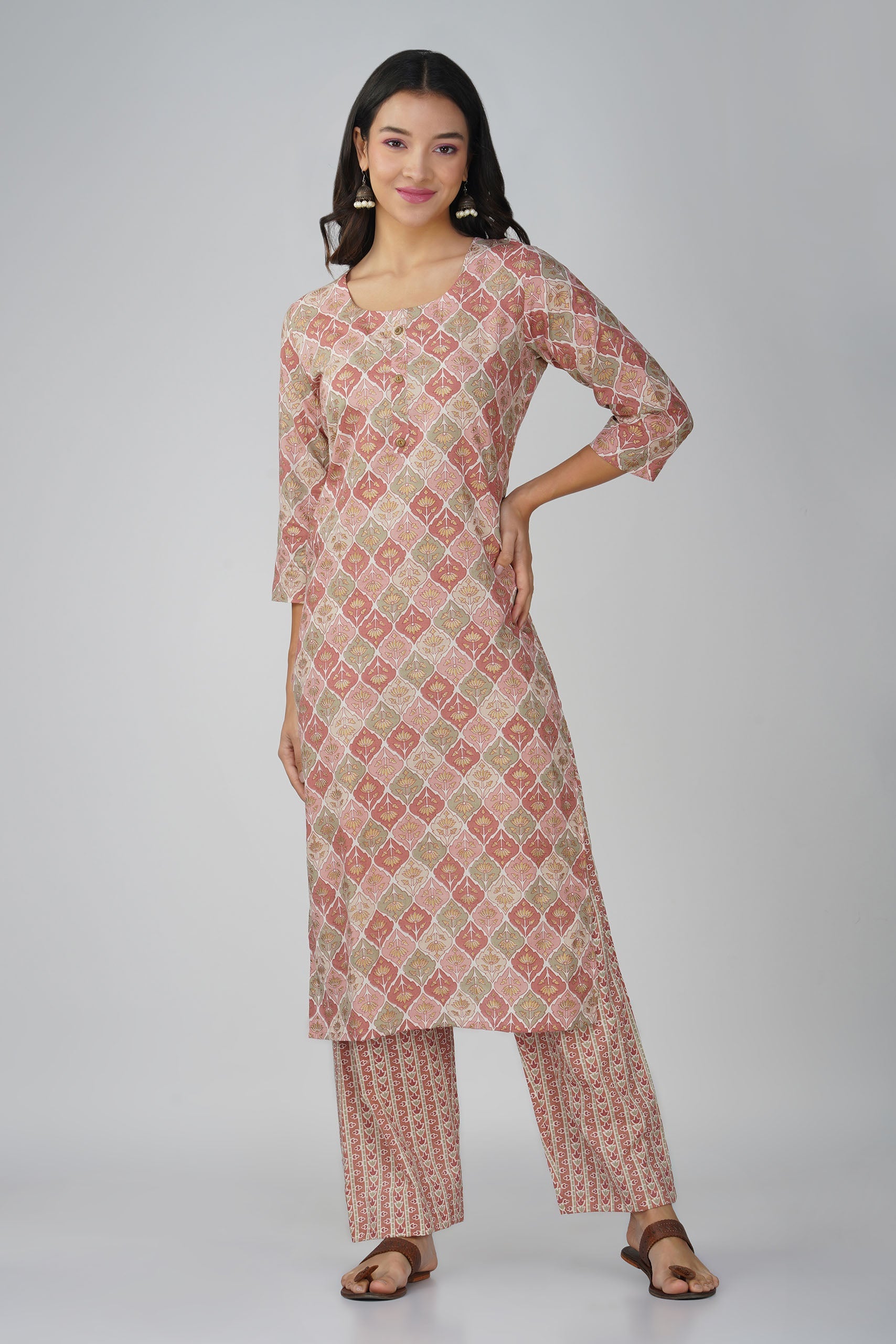 Peach Printed Round Neck Cotton Kurti