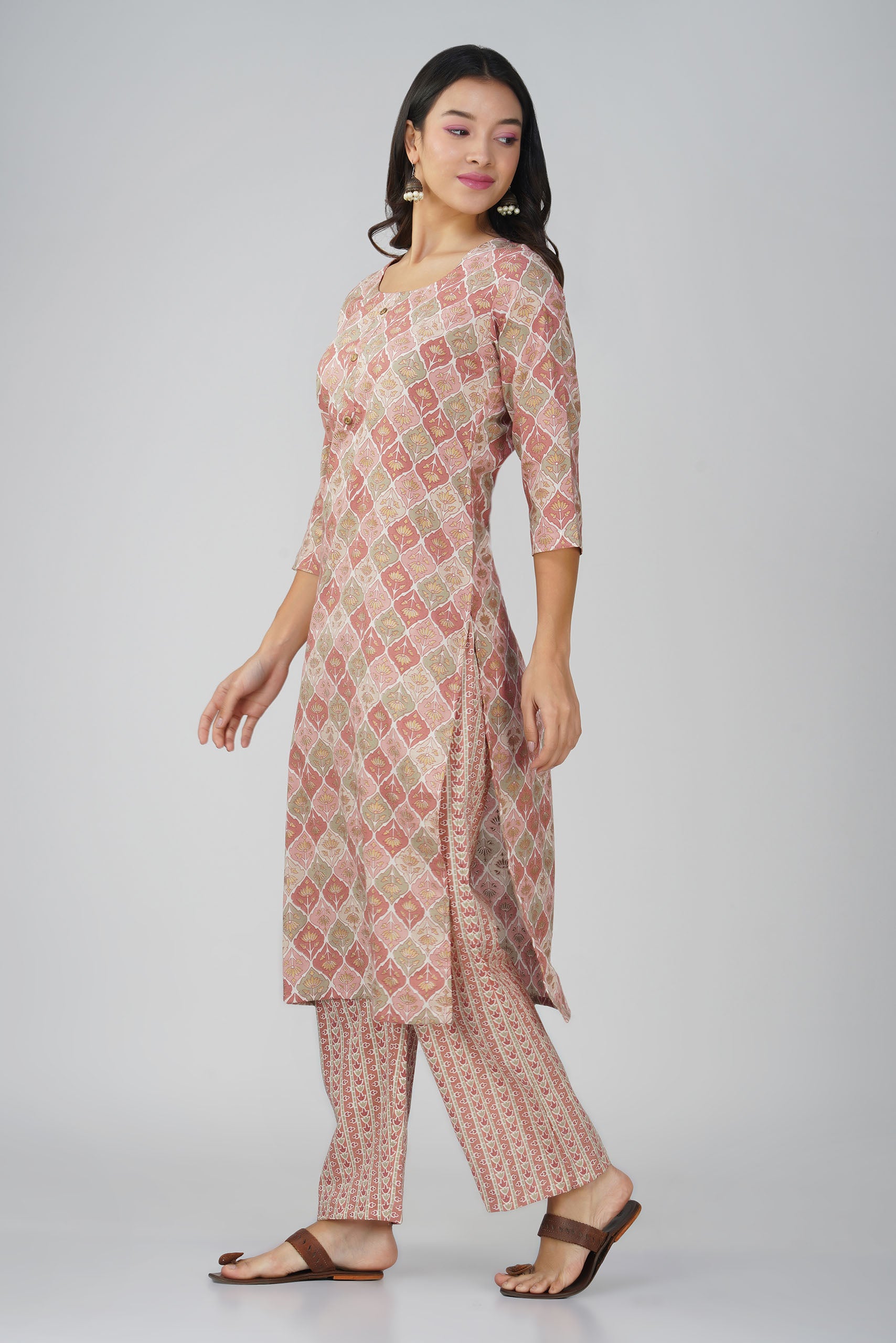 Peach Printed Round Neck Cotton Kurta Set