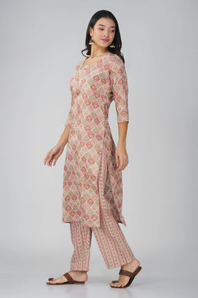 Peach Printed Round Neck Cotton Kurti