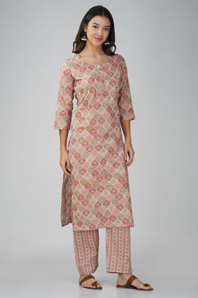 Peach Printed Round Neck Cotton Kurta Set