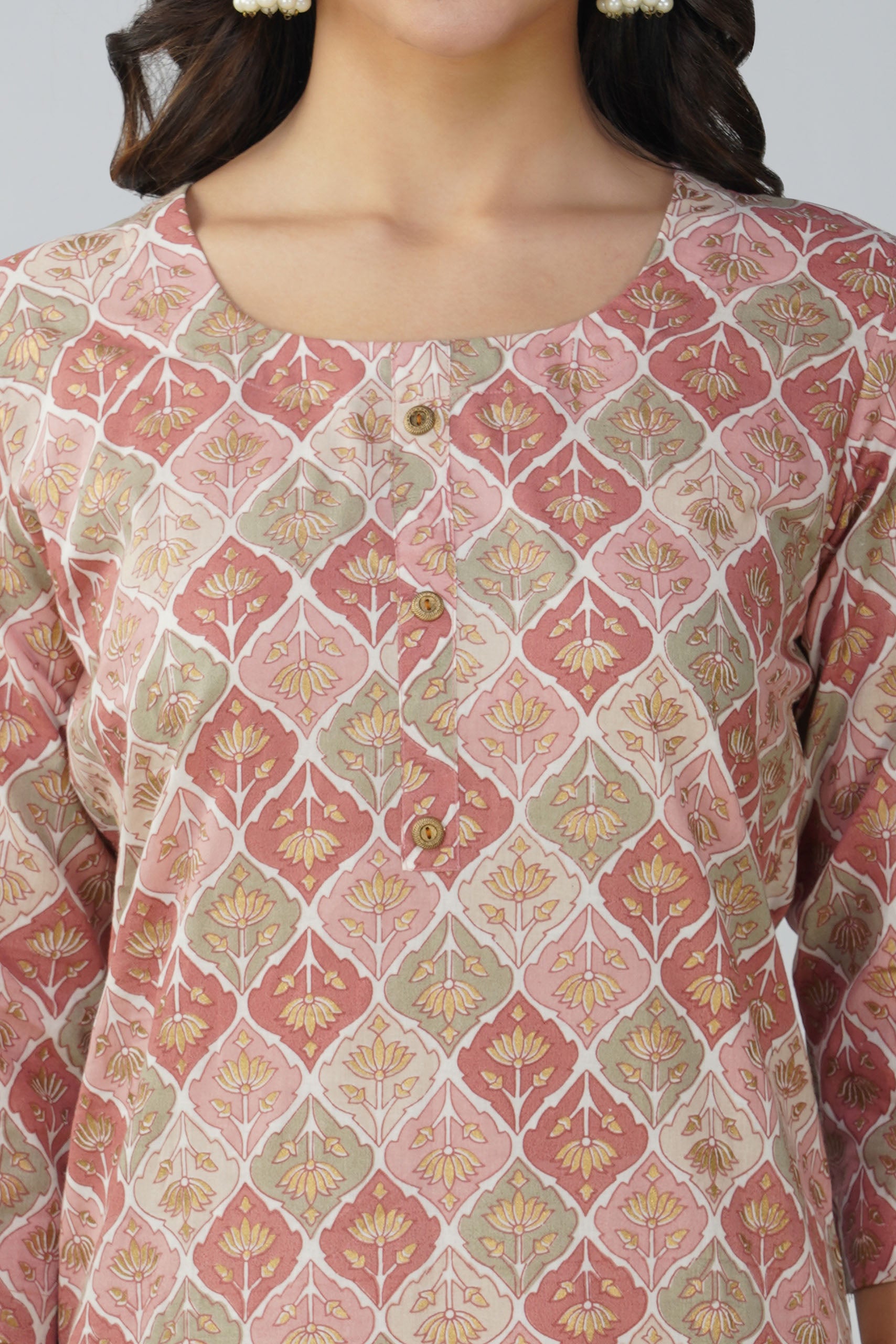 Peach Printed Round Neck Cotton Kurta Set