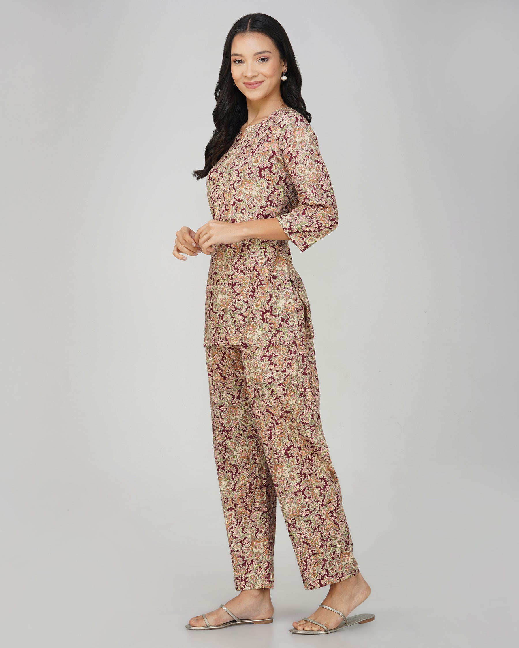 Peach Printed Round V-Neck Cotton Co-ord Set