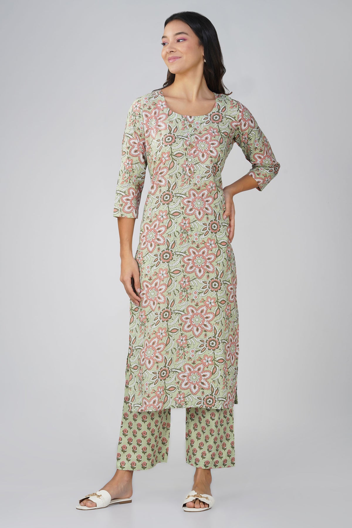 Pista Printed Round Neck Cotton Kurta Set