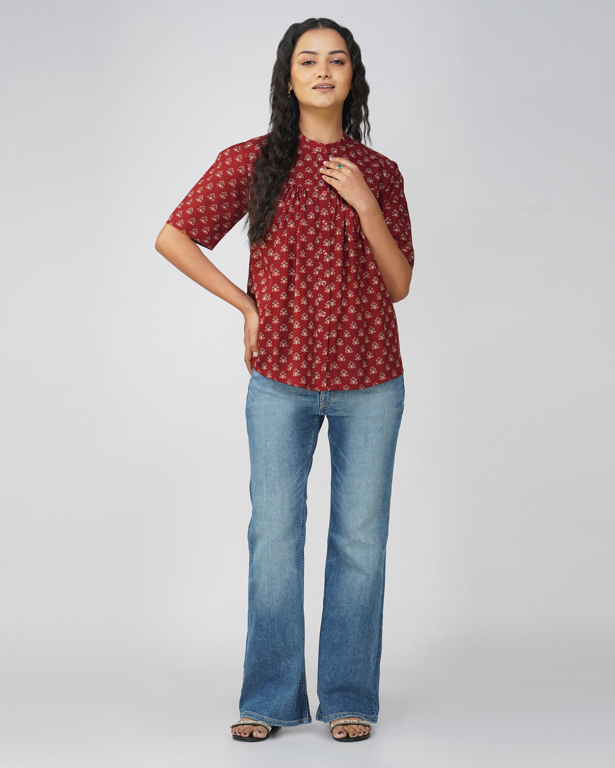 Maroon Floral Printed Cotton Pleated Top