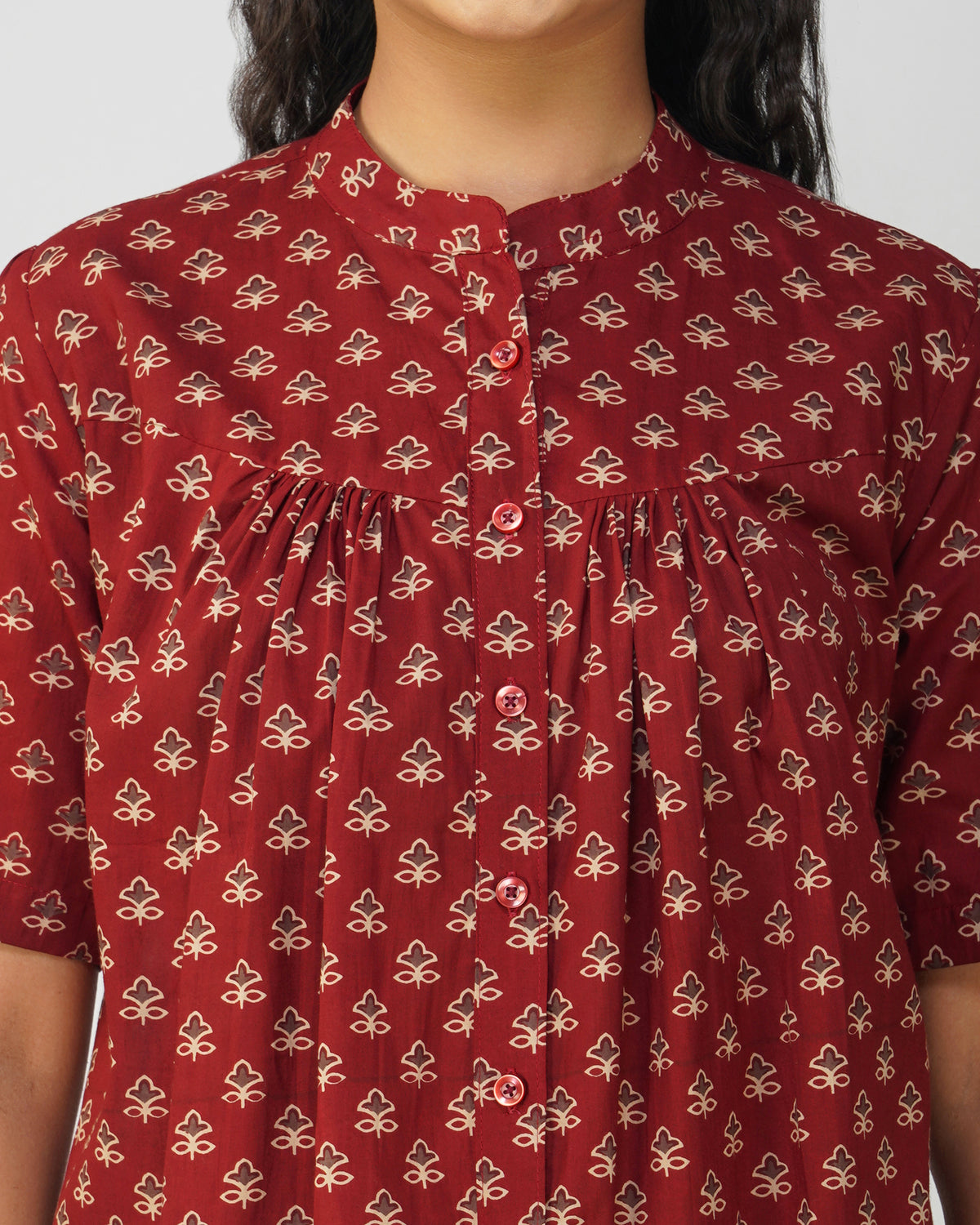 Maroon Floral Printed Cotton Pleated Top