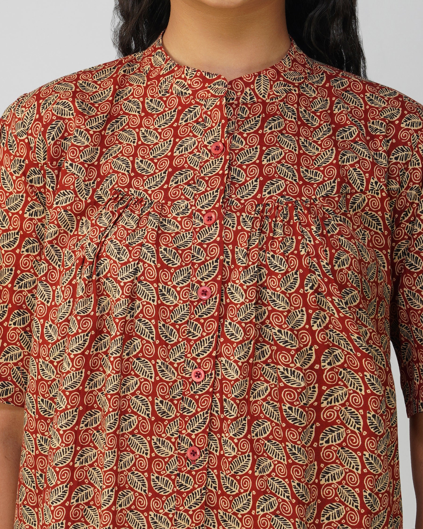 Maroon Leaf Print Cotton Pleated Top