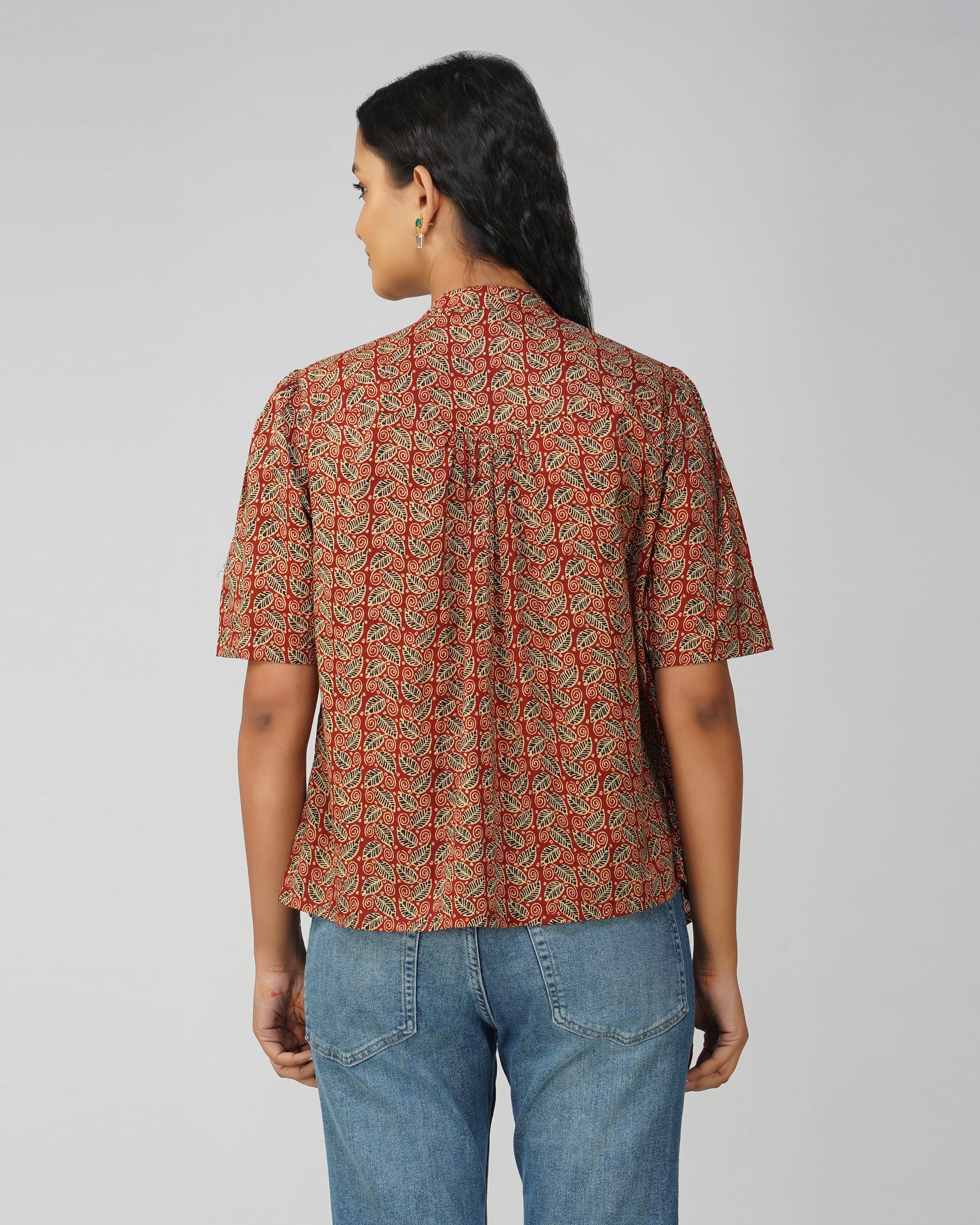 Maroon Leaf Print Cotton Pleated Top