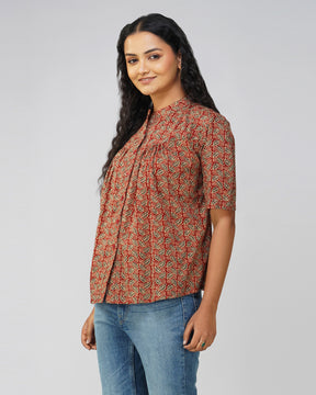 Maroon Leaf Print Cotton Pleated Top