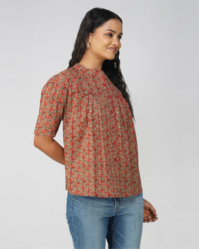 Maroon Leaf Print Cotton Pleated Top