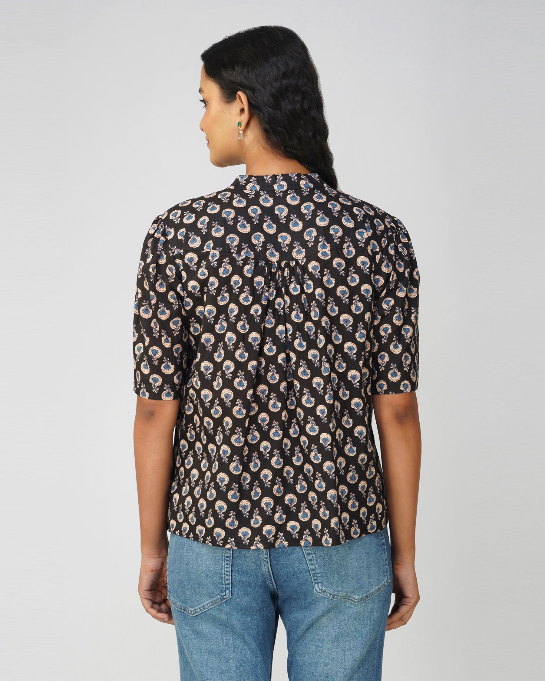 Black Printed Cotton Pleated Top