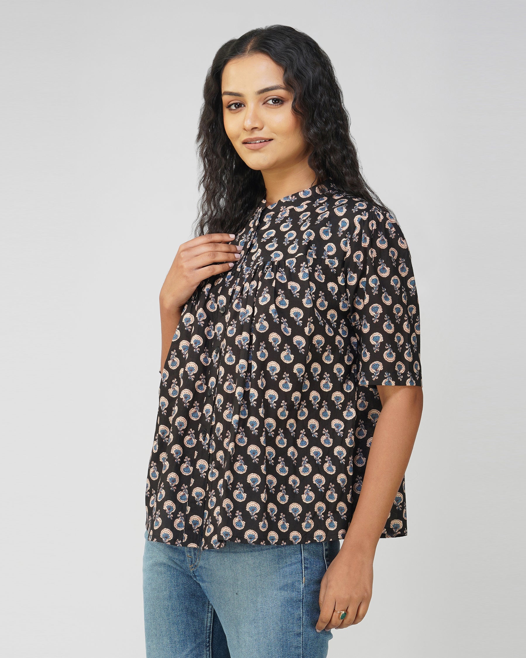 Black Printed Cotton Pleated Top