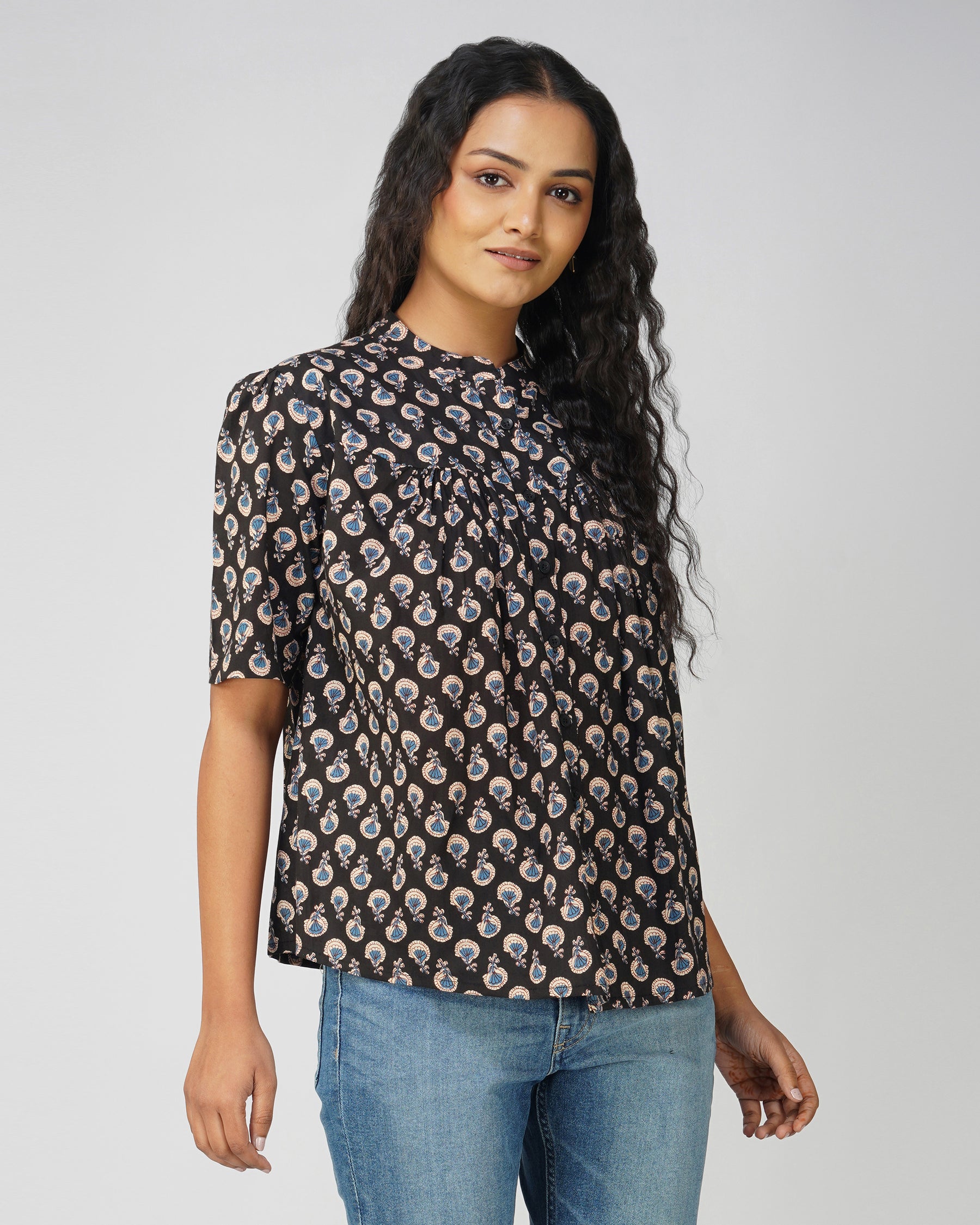 Black Printed Cotton Pleated Top