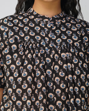 Black Printed Cotton Pleated Top