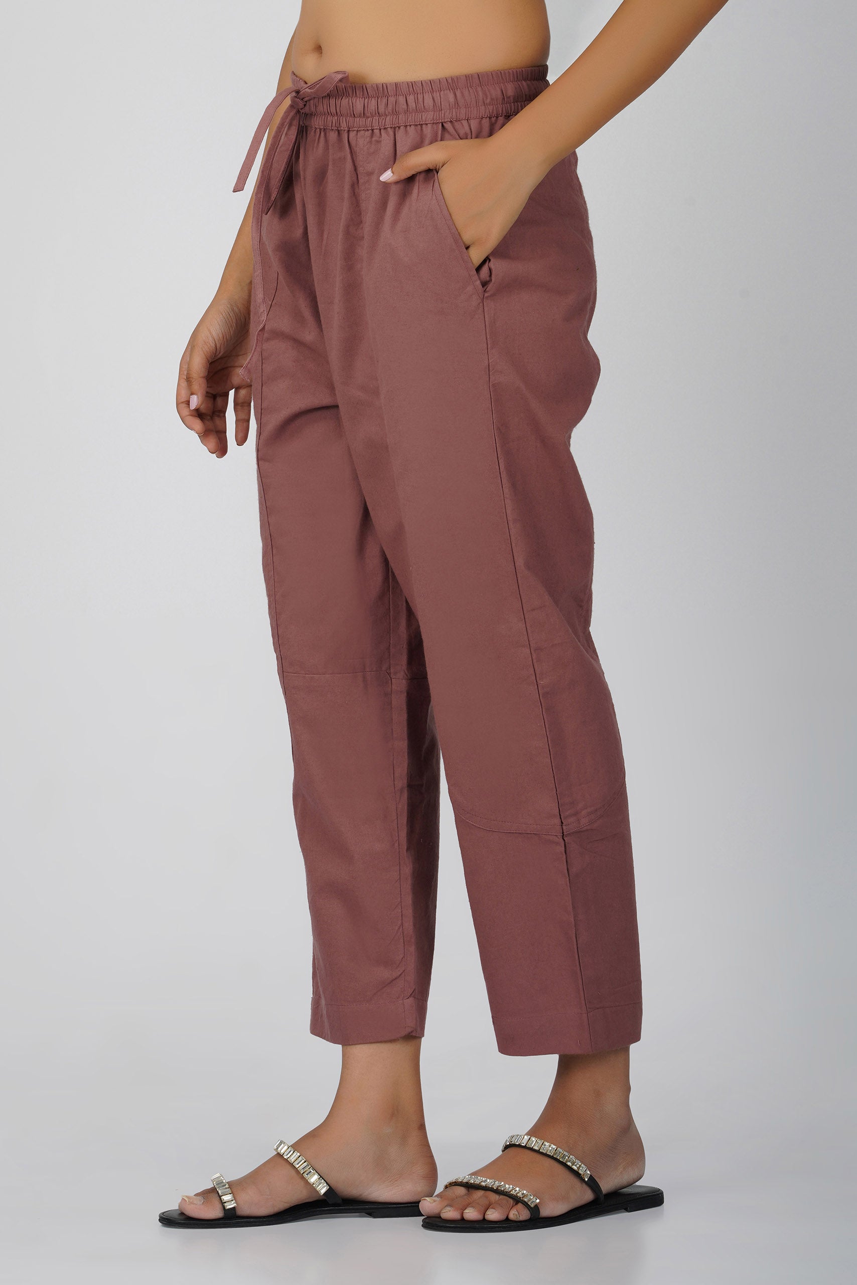 Shop Rose Taupe Regular Fit Cotton Trousers For Women