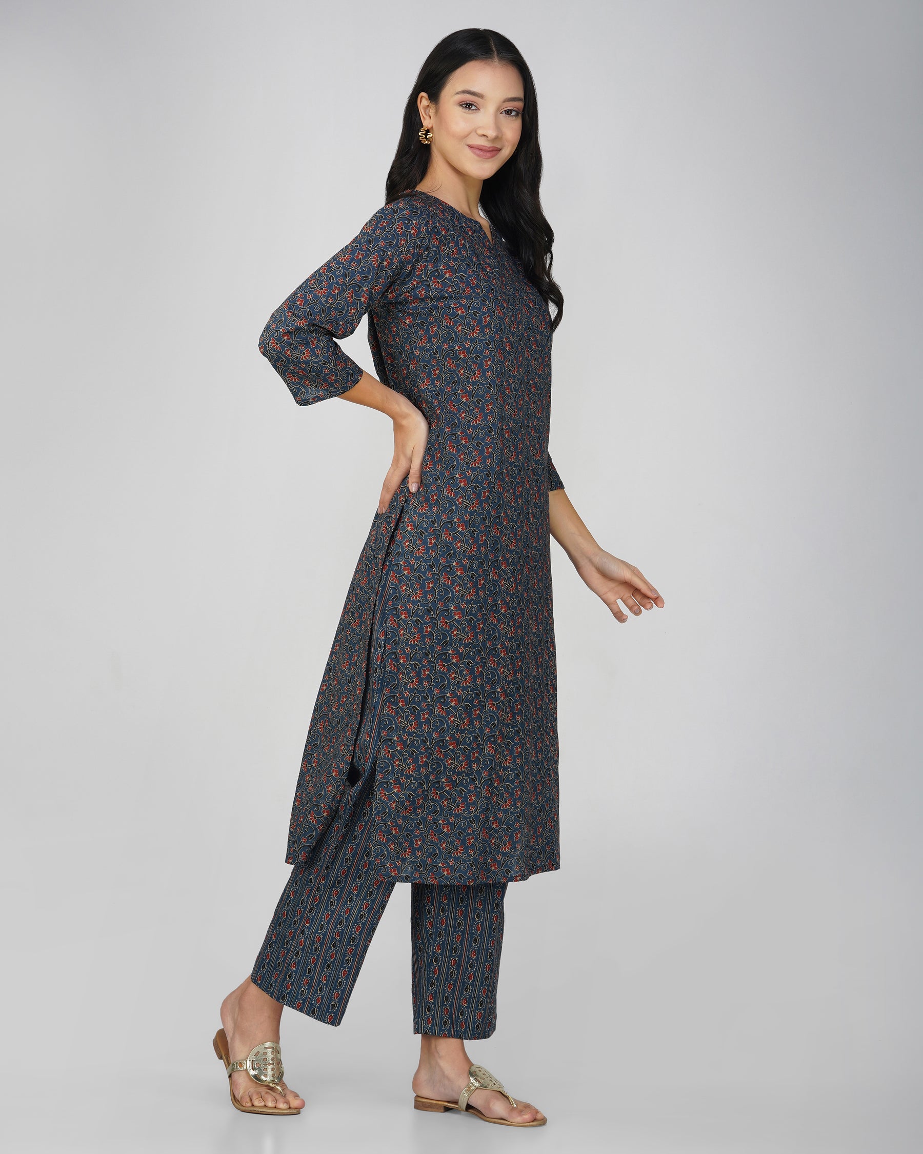 Royal Blue Printed Round V-Neck Cotton Kurta Set