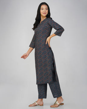 Royal Blue Printed Round V-Neck Cotton Kurta Set