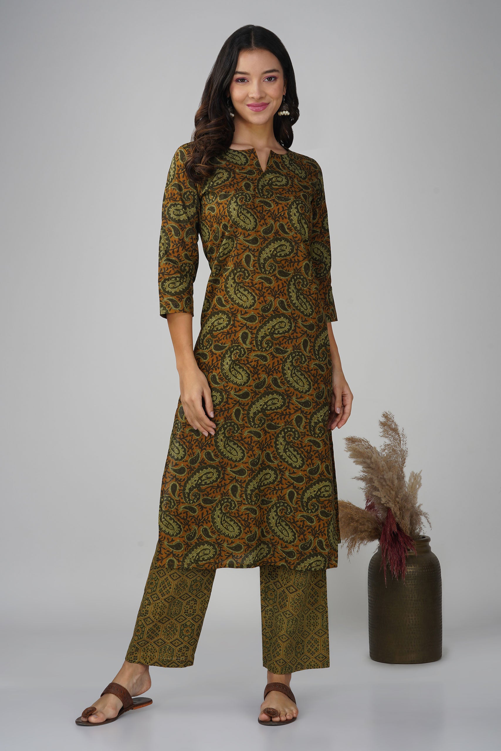 Russet Printed Round V-Neck Cotton Kurta Set