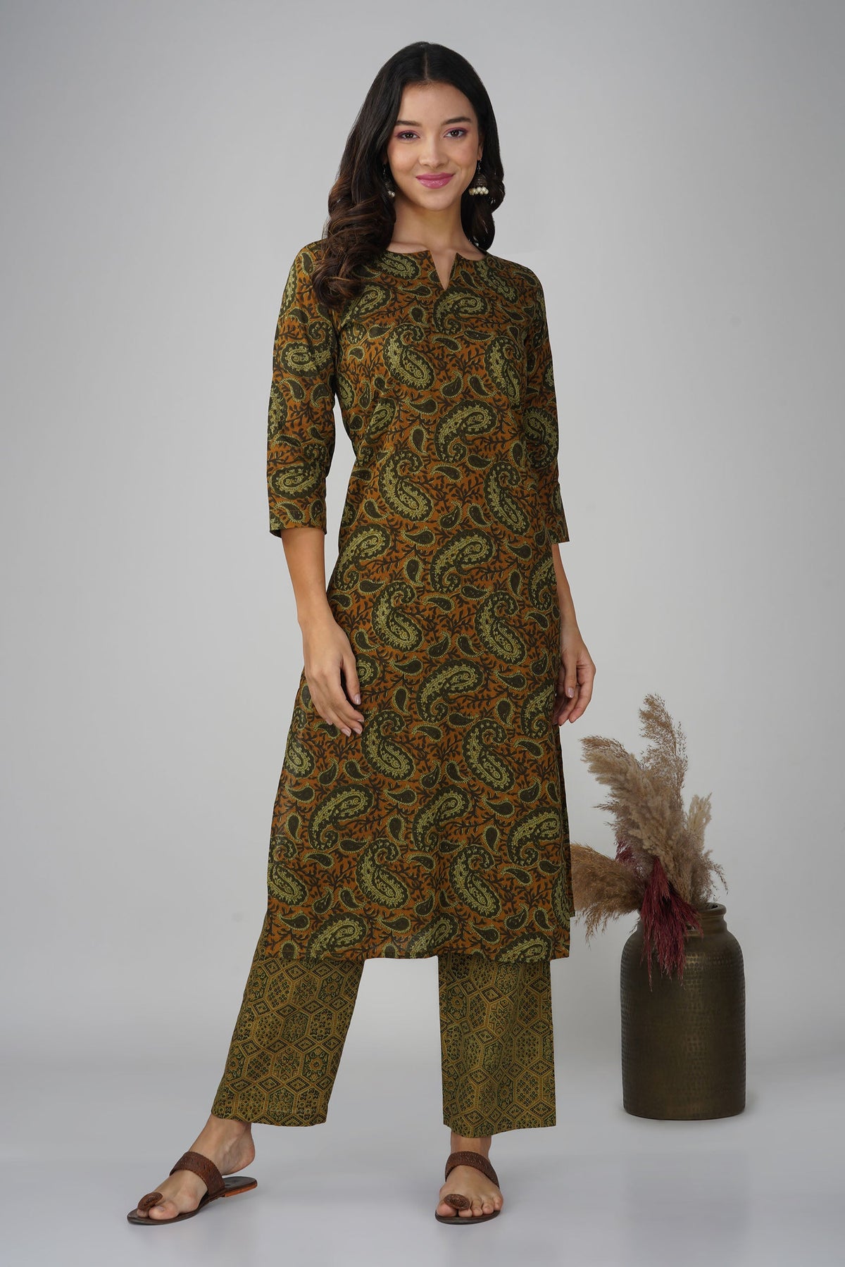 Russet Printed Round V-Neck Cotton Kurti