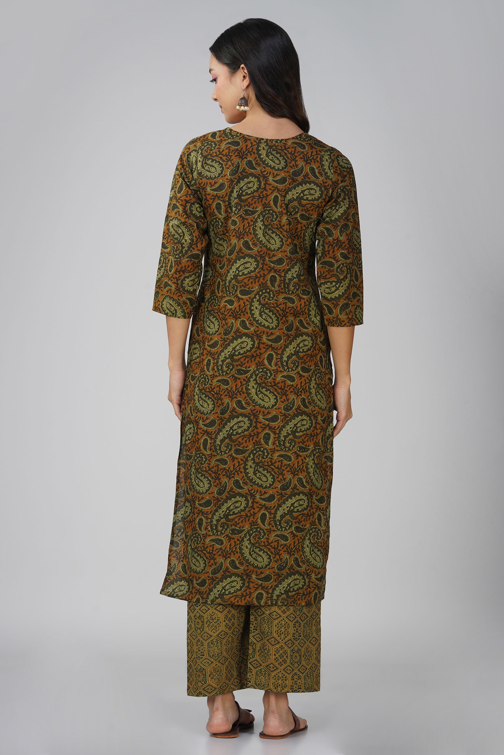 Russet Printed Round V-Neck Cotton Kurta Set