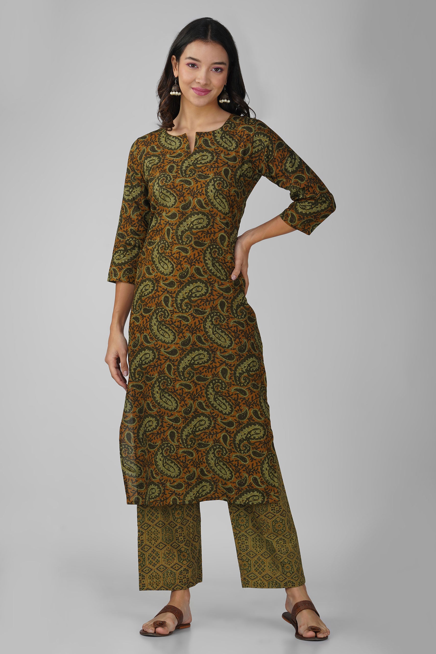 Russet Printed Round V-Neck Cotton Kurta Set