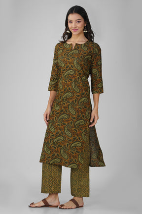 Russet Printed Round V-Neck Cotton Kurta Set