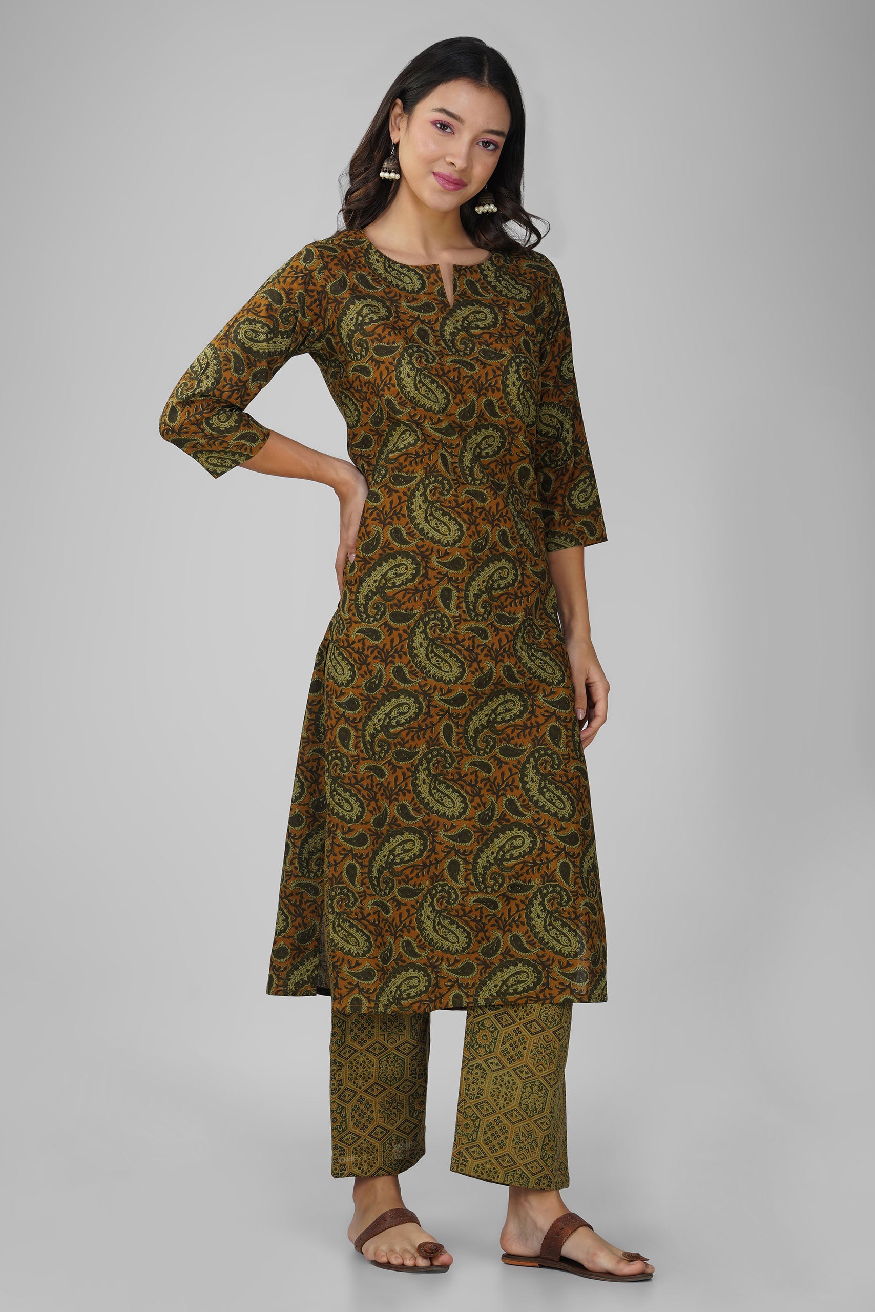 Russet Printed Round V-Neck Cotton Kurta Set