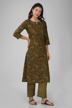 Russet Printed Round V-Neck Cotton Kurta Set