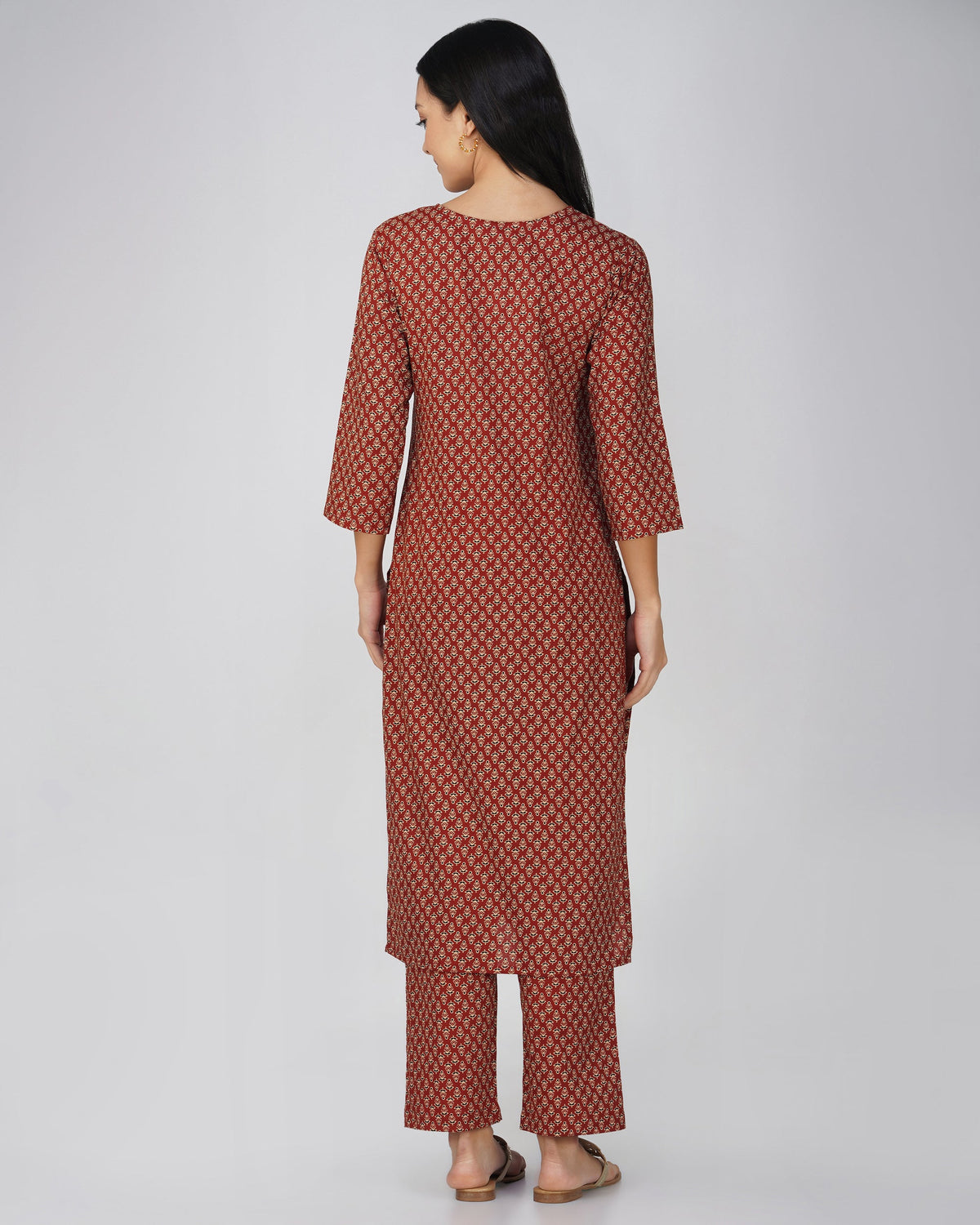 Rust Printed Round V-Neck Cotton Kurti