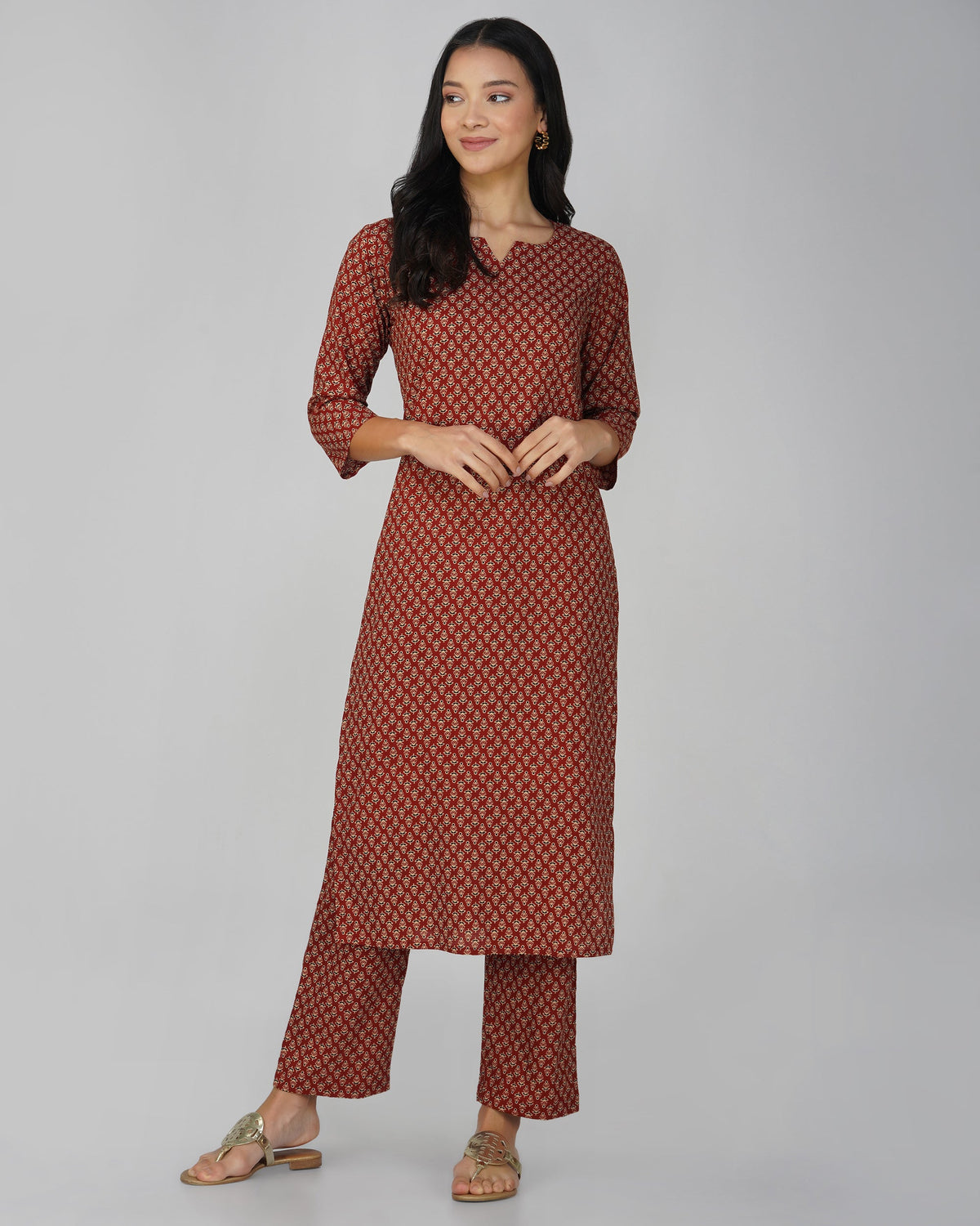 Rust Printed Round V-Neck Cotton Kurti