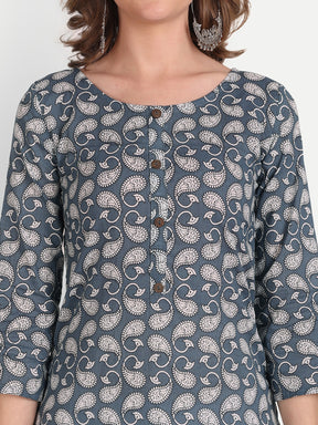 Grey Printed Pure Cotton Kurti