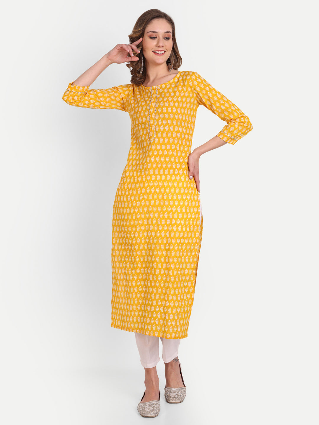 Yellow Printed Pure Cotton Kurti