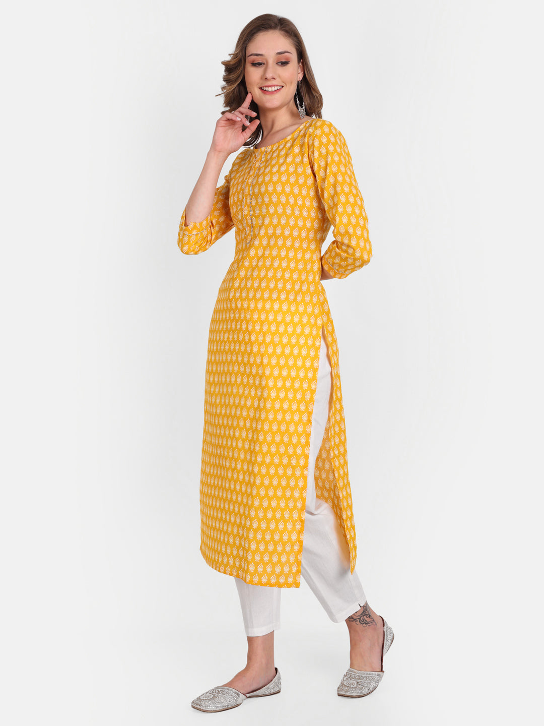 Yellow Printed Pure Cotton Kurti