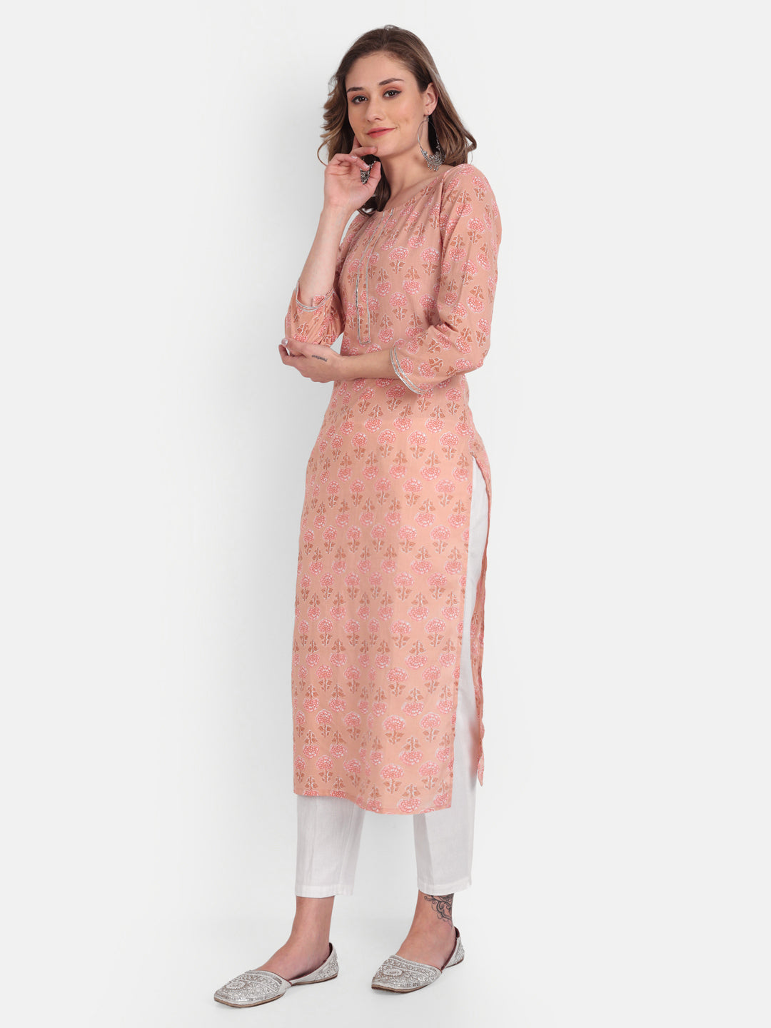 Peach Printed Pure Cotton Kurti